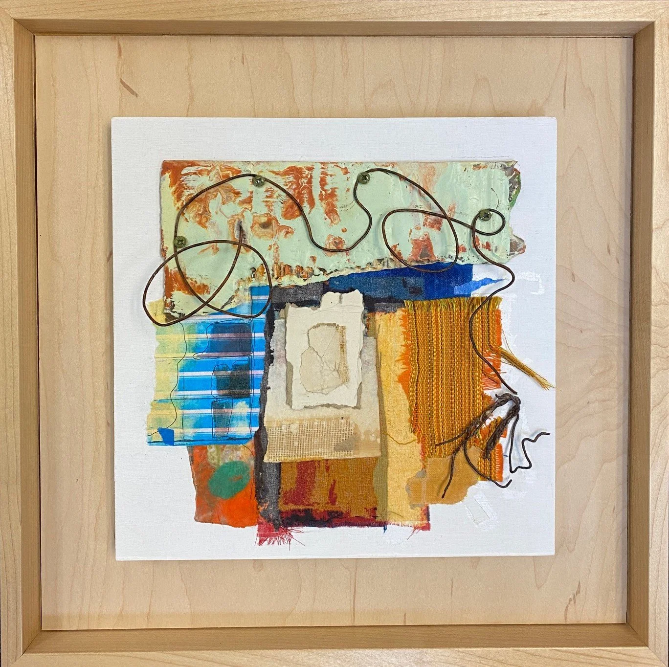 Fragments #10 - encaustic, cardboard, paper, wax, cotton. Linen, thread, screws, wire and tape on birch 15 x 15 x1.5