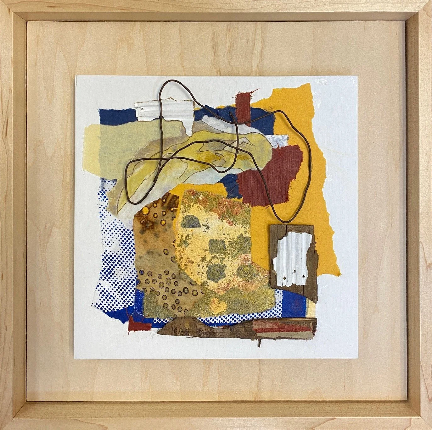 Fragments #11 - cardboard, encaustic, paper, acrylic on rice paper, fabric, wood and rusty metal on birch 15 x 15 x 1.5