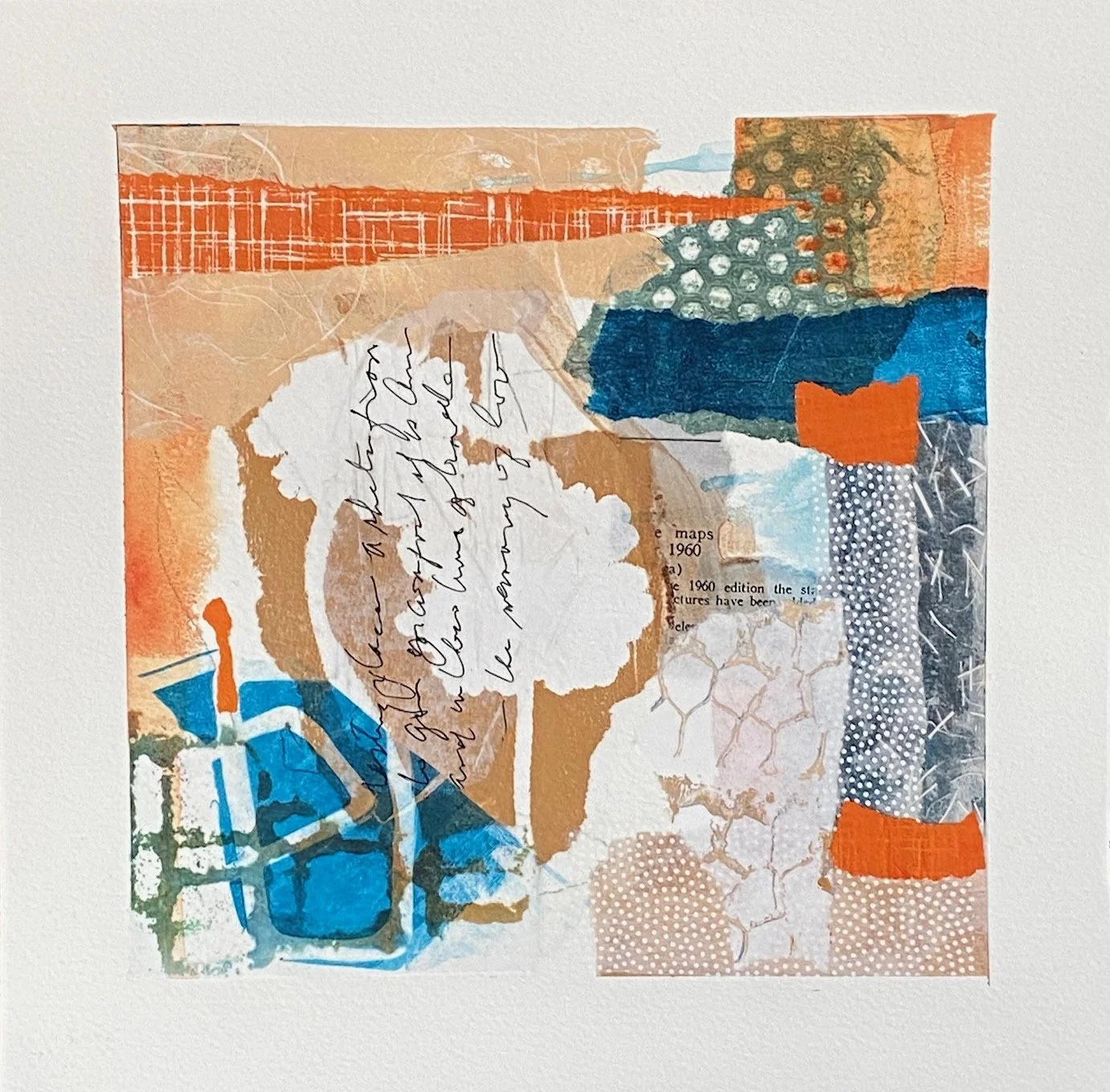 Ephemeral 1 - 10.5" x 10.5" painted washi papers, prints, graphite, acrylic and ink on hahnemuhle paper mounted on cradled panel.