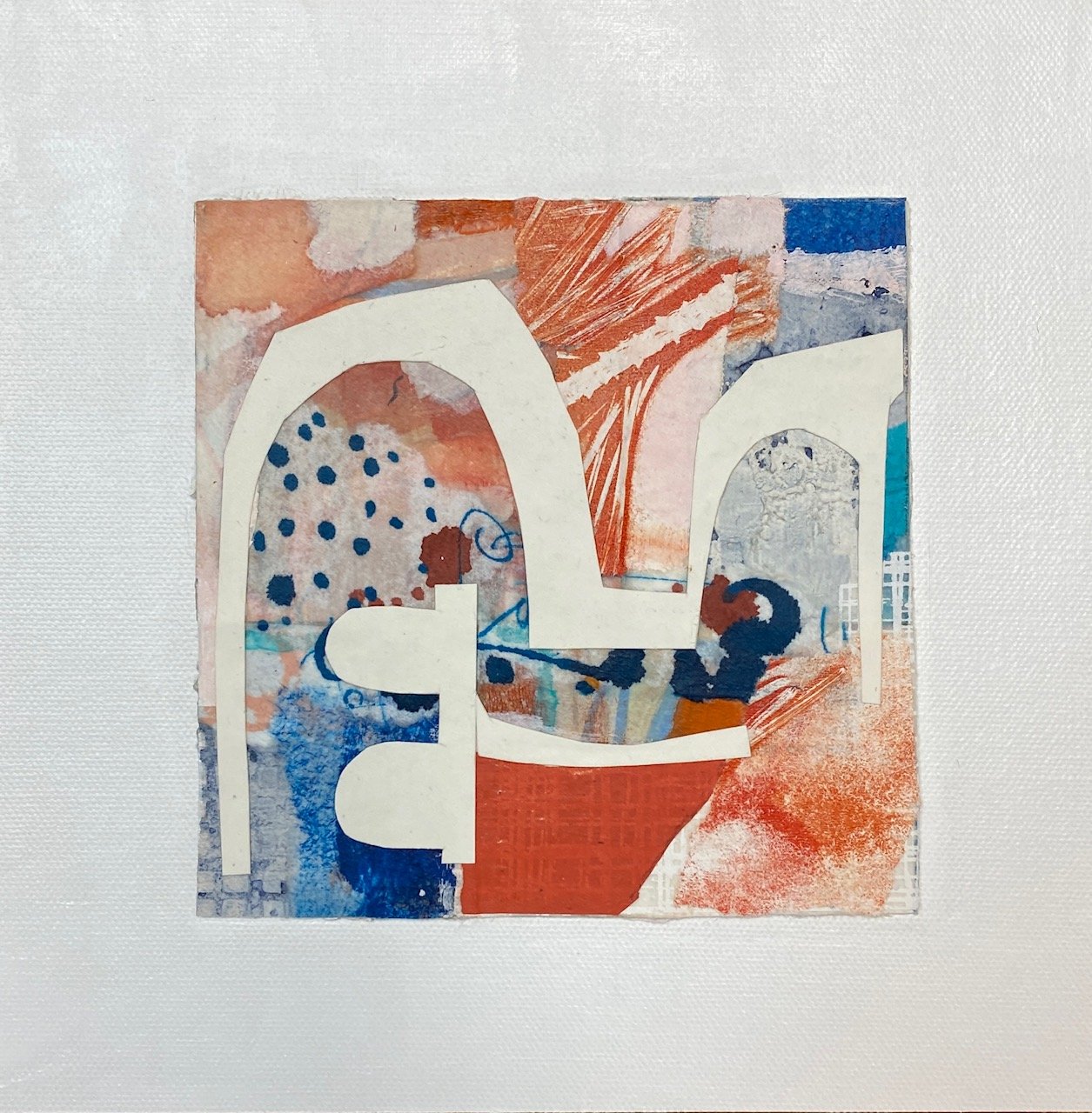 Ephemeral 24 - 8"x8"x1.5"  disassembled collages on watercolor paper, reassembled  onto canvas panel, added painted washi paper, graphite, acrylic, cut outs, colored pencil mounted on cradled panel