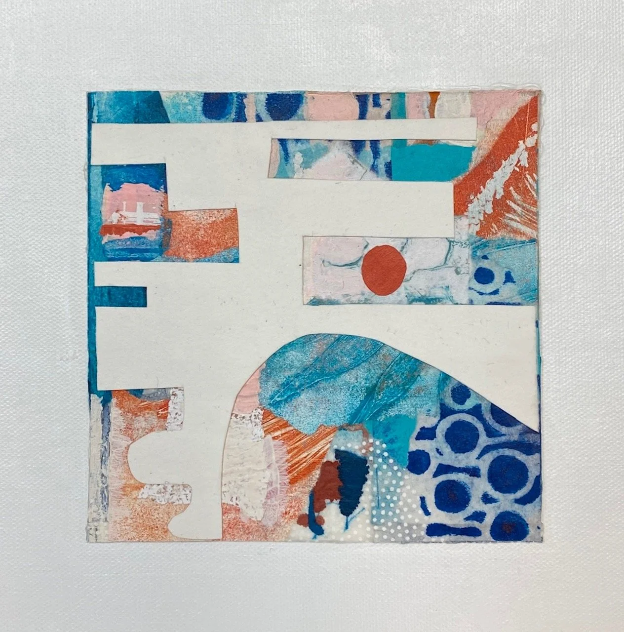 Ephemeral 27 - 8"x8"x1.5"  disassembled collages on watercolor paper, reassembled  onto canvas panel, added painted washi paper, graphite, acrylic, cut outs, colored pencil mounted on cradled panel