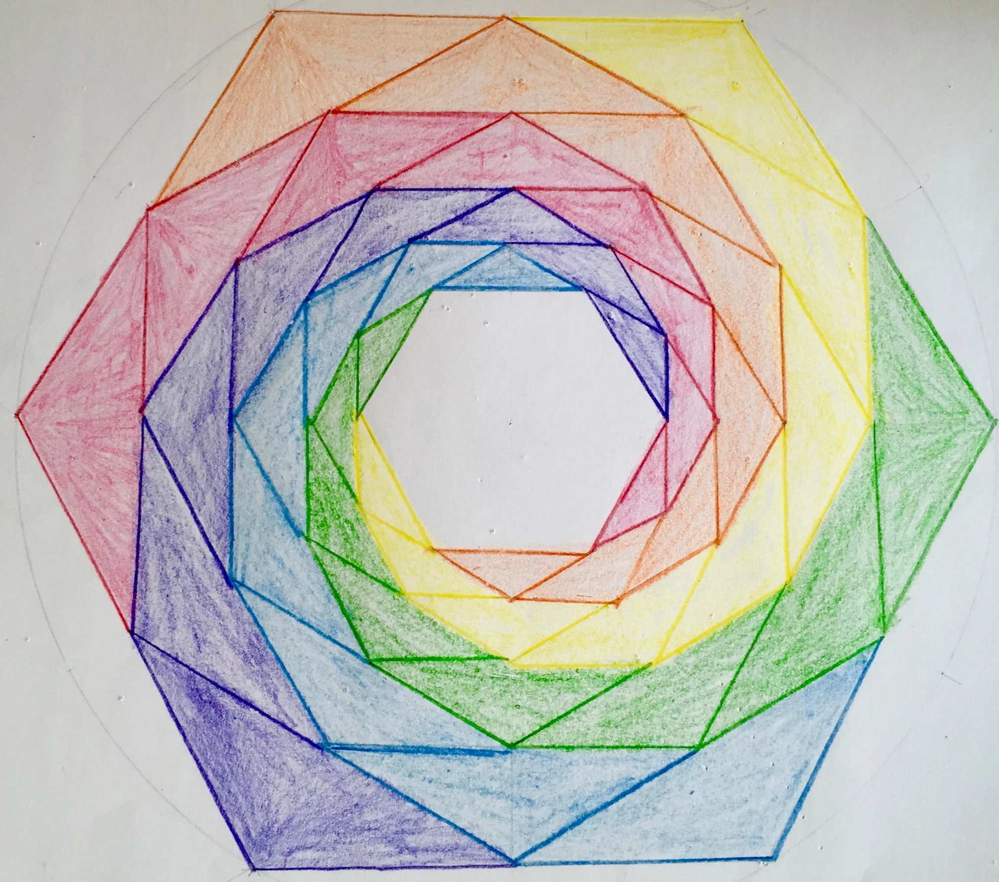 Fractal hexagons...students experience the beauty of geometry as they learn to construct complex forms using compass, straight edge, and protractor