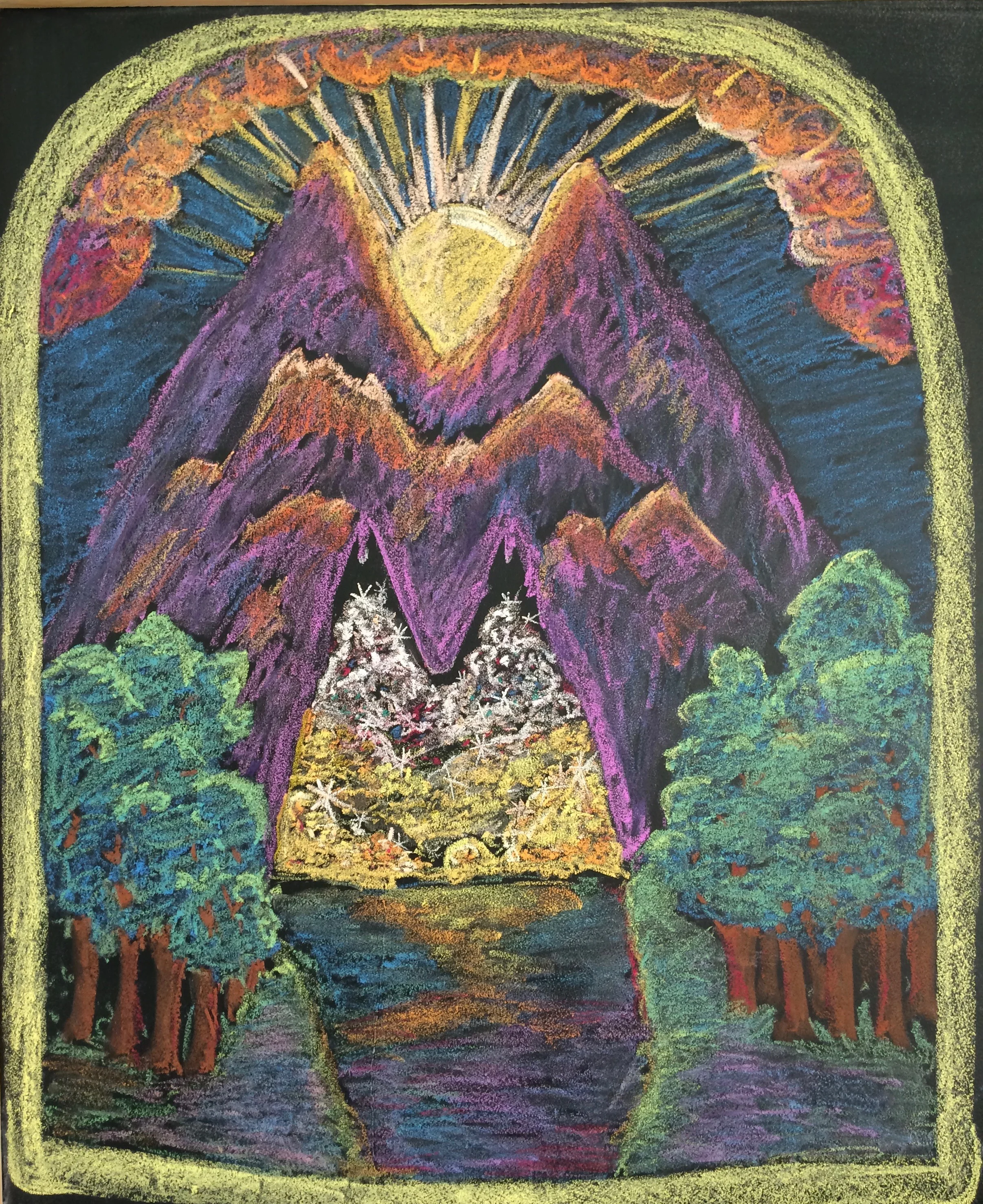 Beautiful chalkboard illustrations by the class teacher guide the students' thematic lesson work. In this mountain scene, the letter 'M' is playfully embedded in the landscape as it is introduced to 1st grade students