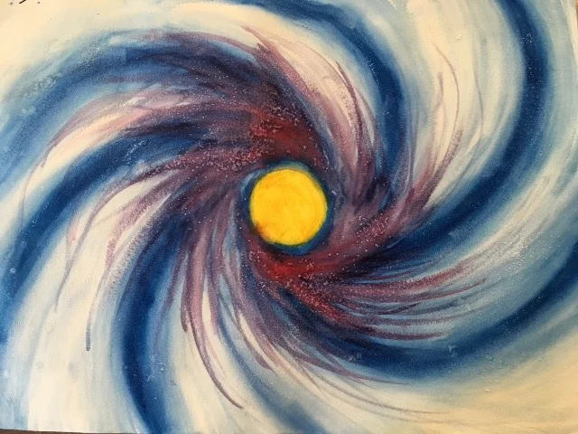A watercolor rendition of the formation of a spiral galaxy, created during an Astronomy block