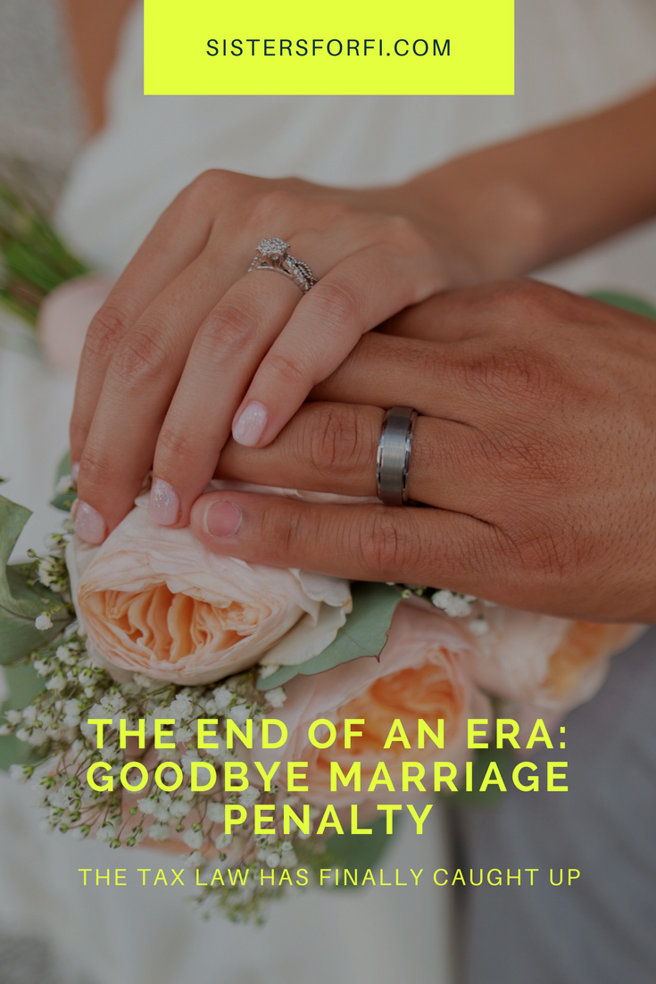 The marriage penalty arose if two married individuals, both earning income, paid more in taxes if they file with under “married filing jointly” than if they filed taxes separately under the “single” tax status. How is this possible? It’s because the income tax brackets from single status did not rise in proportion to the marriage filing jointly tax bracket.