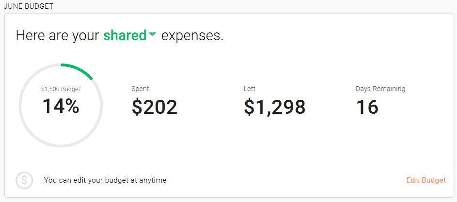 Zeta View: View into shared expenses for the month.