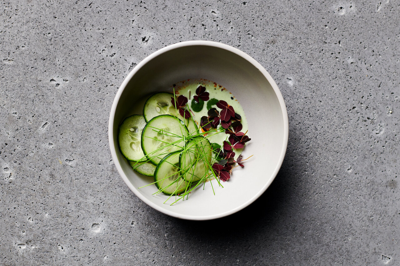 Crushed Cucumber, Fermented Strawberries, Green Buttermilk, Szechuan Peanut .jpg