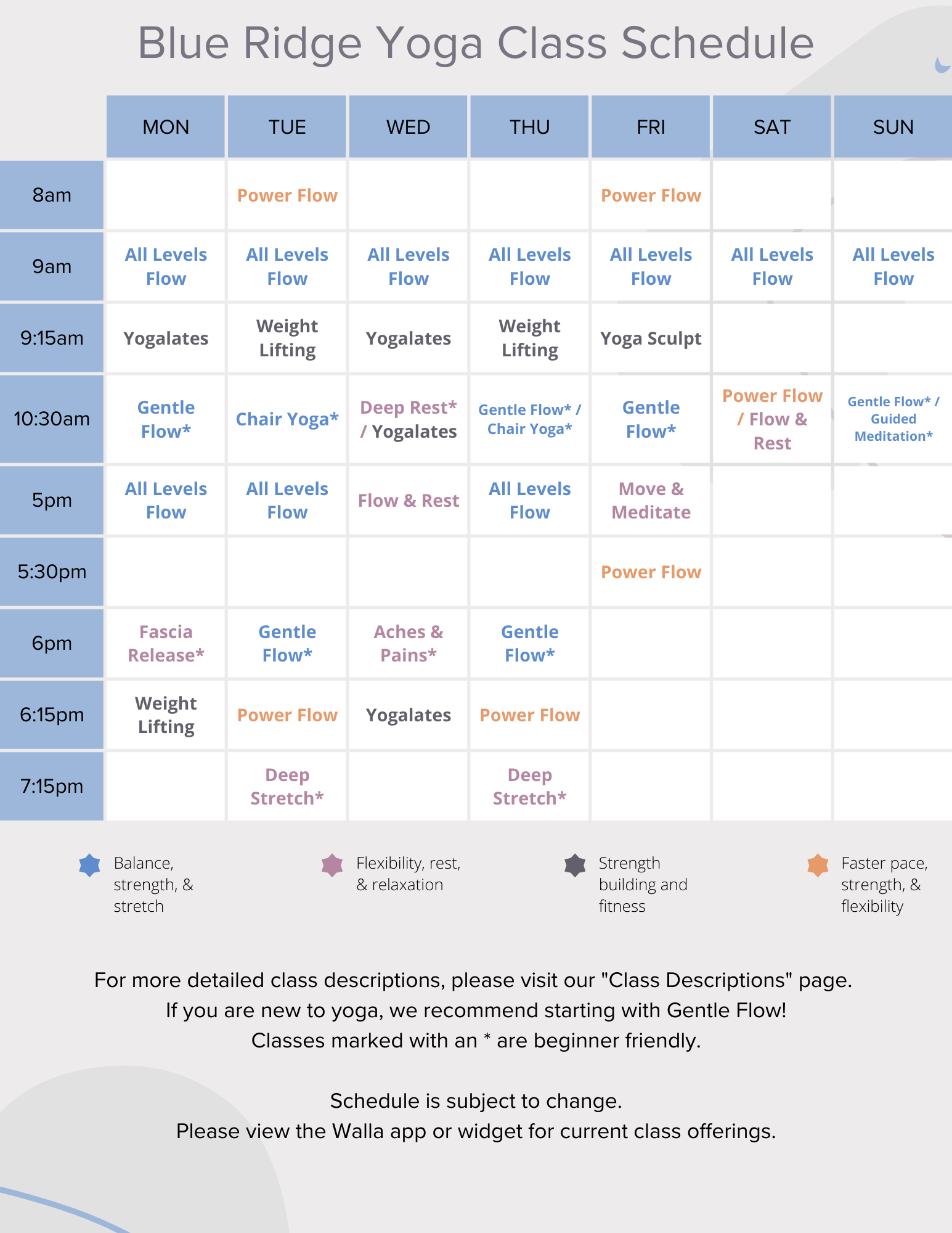 Class Schedule Blue Ridge Yoga
