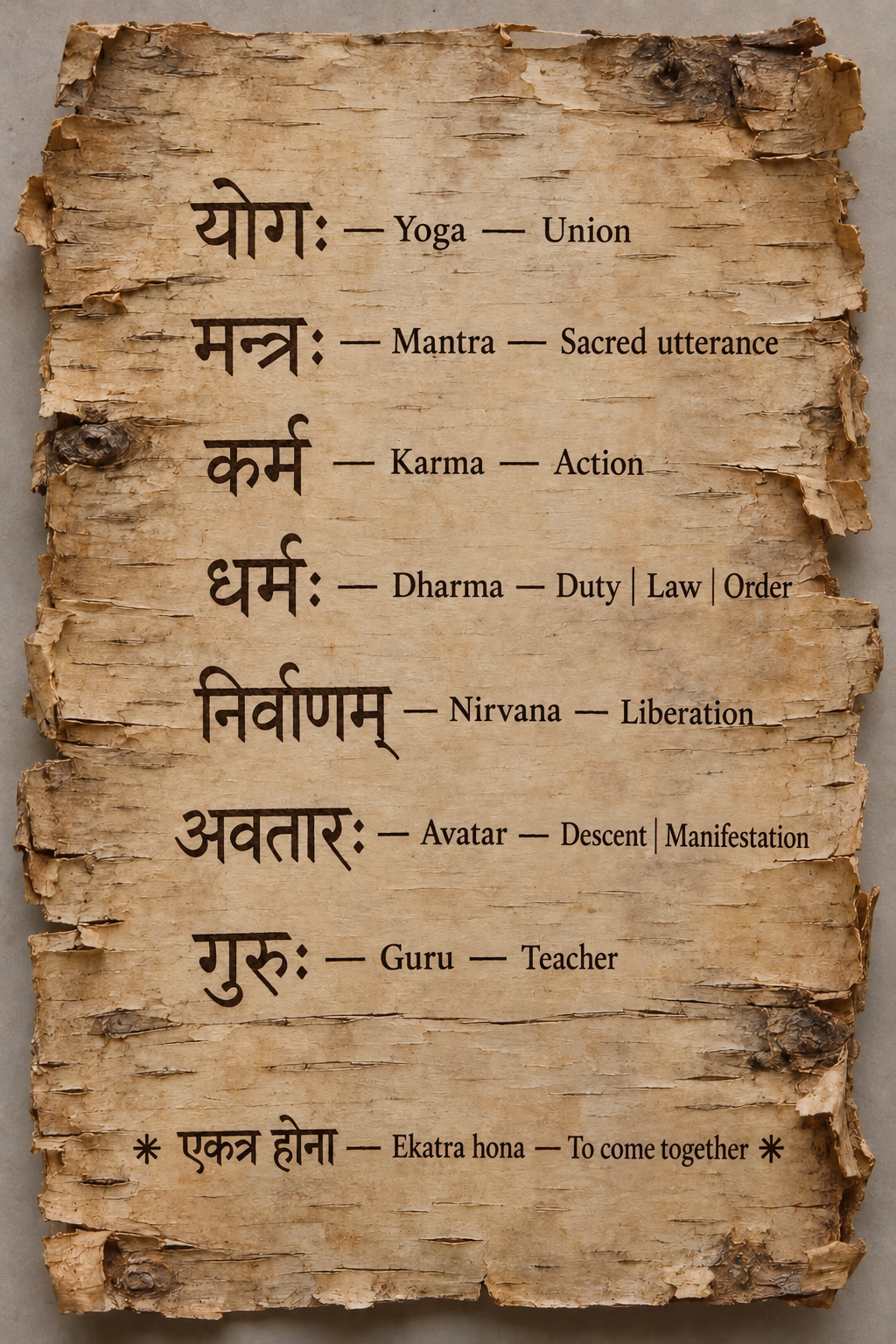 Yoga — Union; Mantra — Sacred utterance; Karma — Action; Dharma — Duty | Law | Order; Nirvana — Liberation; Avatar — Descent | Manifestation; Guru — Teacher; Ekatra hona — To come together.