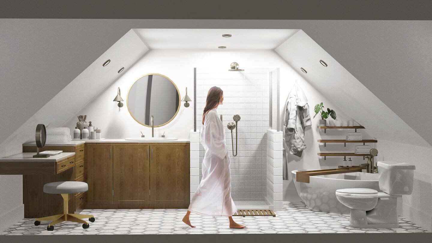 Small space + angled ceilings. I love a good design challenge and this bathroom presented a lot! 
🤍

#3dartist #smallspacedesign #visualization #architecturevisualization #interiorvisualization #bathrenovation #homespa #designchallenge #homeremodel 