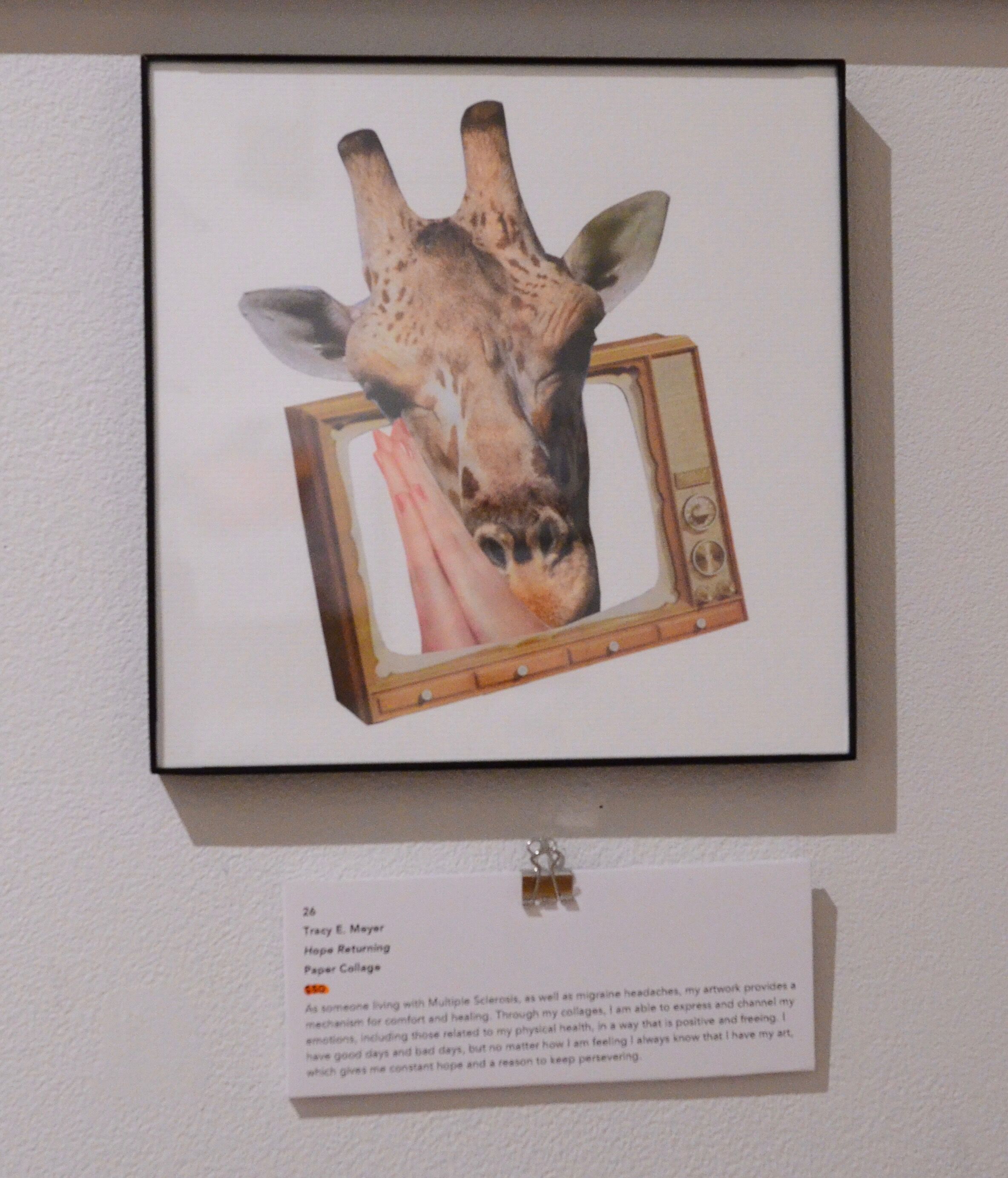 Hope Returning by Tracy E Meyer. Paper collage of a Giraffe’s head and neck coming out of a vintage television. Serious illness. Caregiver. Migraine