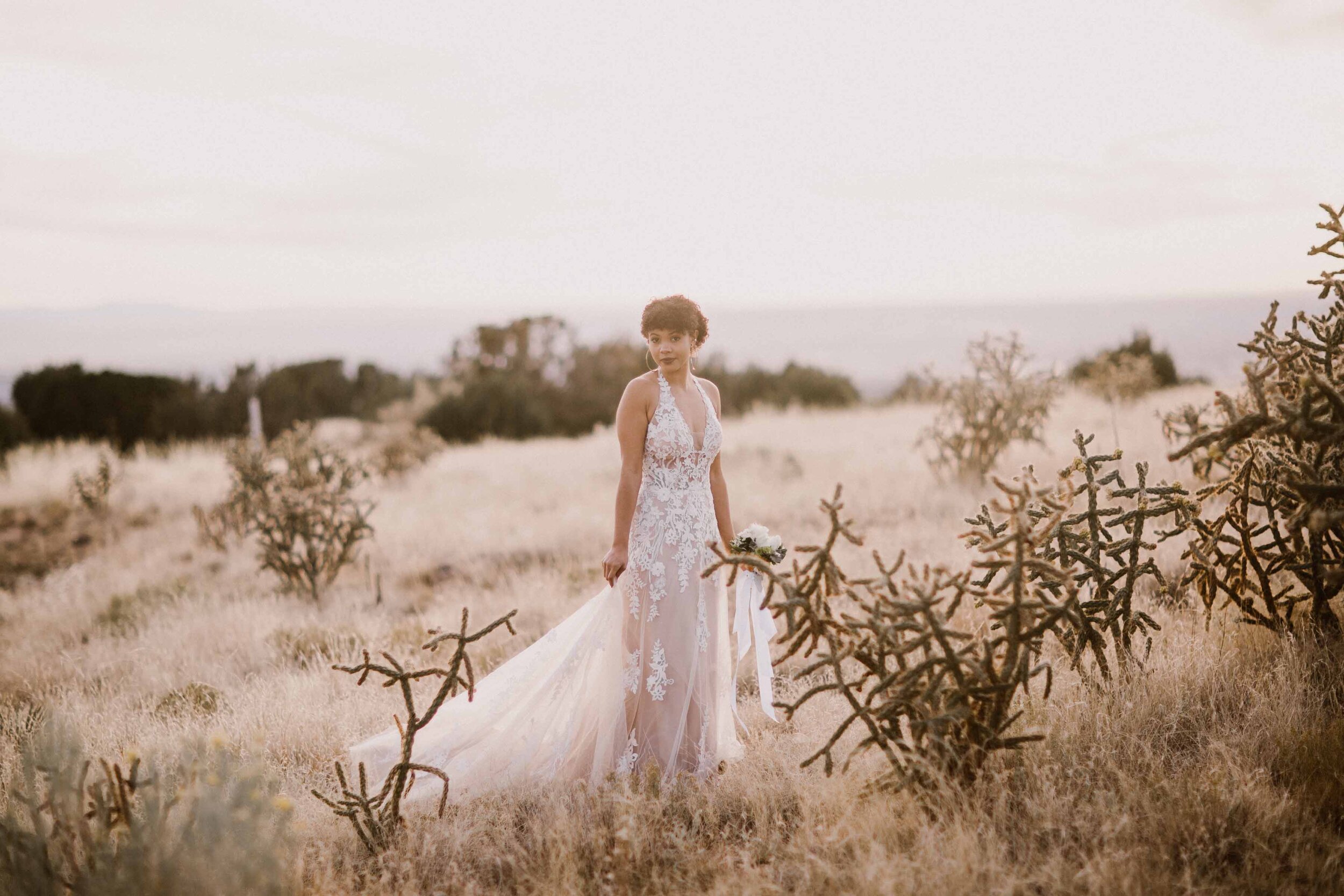 Beautiful wedding dress in Sandia foothills