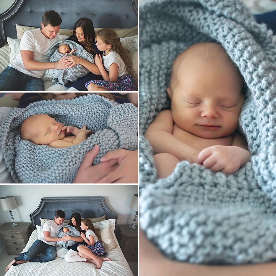 Snuggled up in mommy and daddy's arms with big sister looking over him... what more could a boy want?