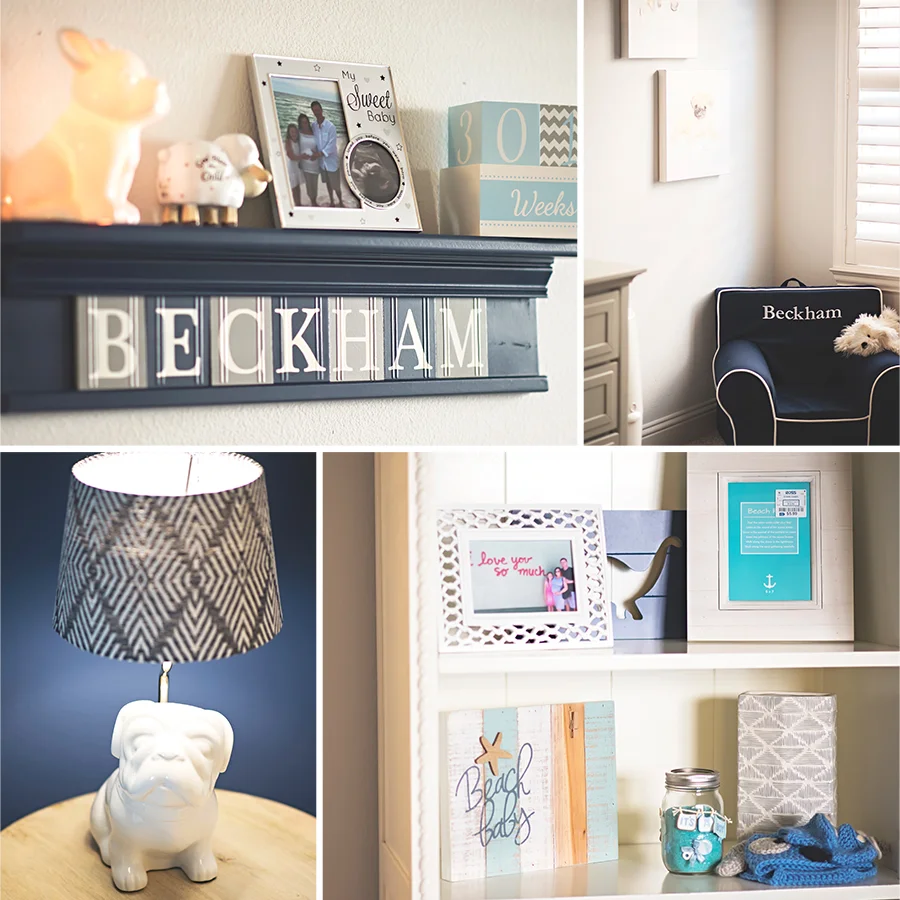 Beckham's Nursery combines a masculine mix of blue and grey color palettes. 