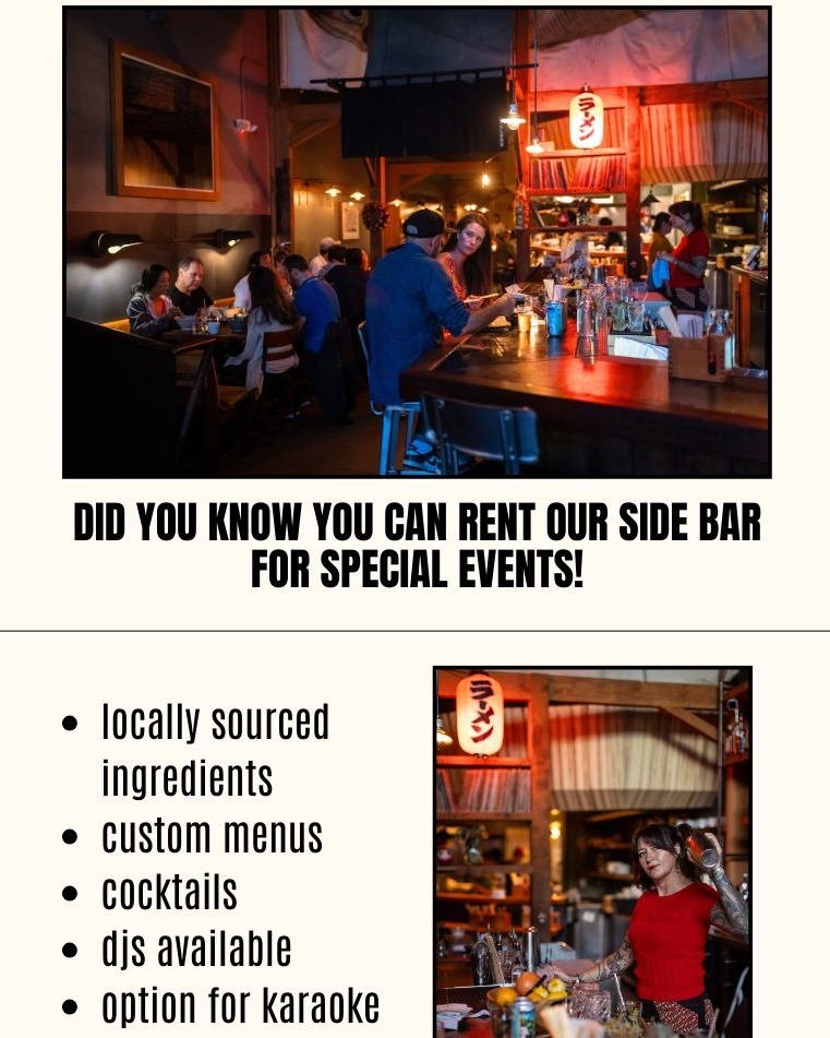 The Ramen Shop offers event space for rent! Want to host a private party or gathering? Check out this space!

5812 College Ave
www.ramenshop.com

#privateevent #venuerental #eventspace #oakland #rockridgedistirct #rockridgeoakland