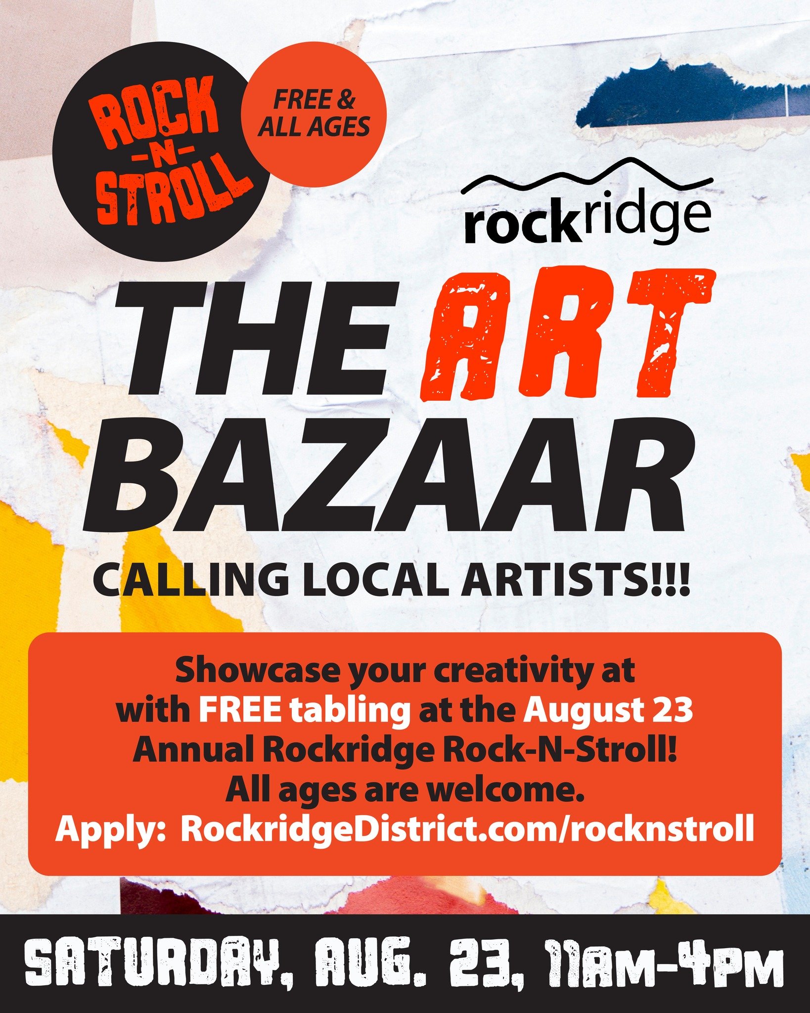 Calling local visual artists! The Rockridge Rock-N-Stroll returns on Saturday, August 23 with a full day of live music, sales, tastings, pop-ups, art, and activities for the whole family (including pups!)... all while strolling our beautiful tree-lin