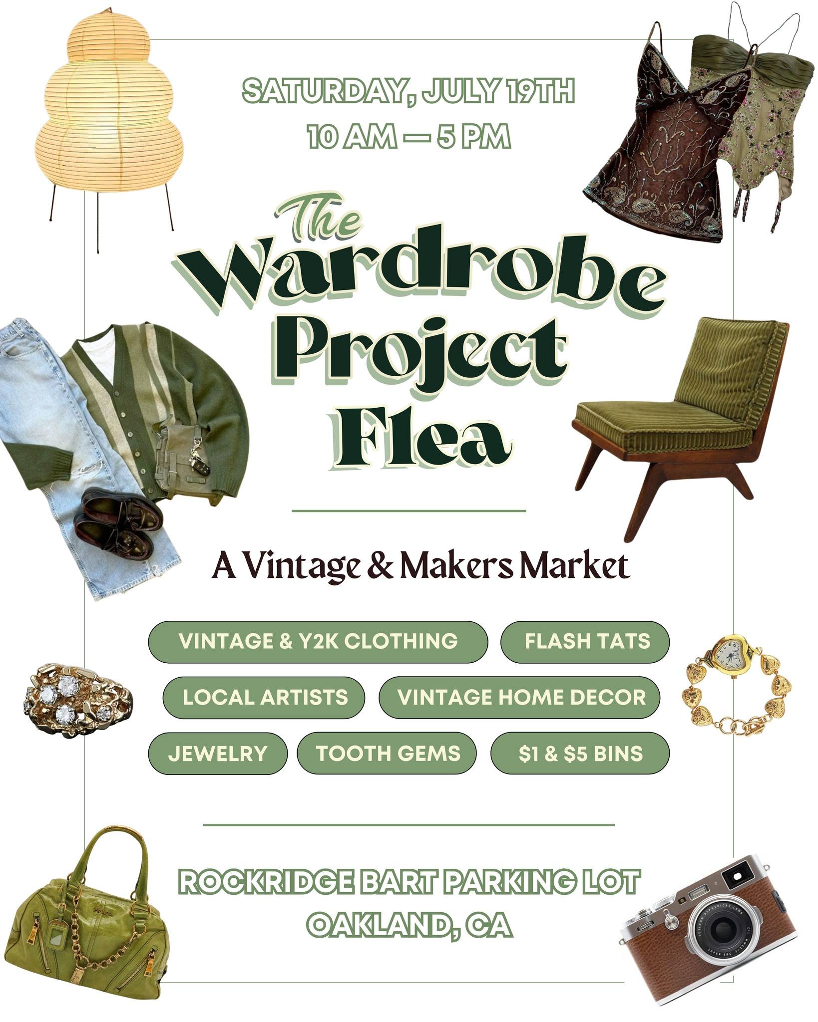 Mark your calendars, The Wardrobe Project Flea returns on Saturday, July 19, to the Rockridge BART Parking Lot. This vintage and makers flea brings loads of pop-ups offering vintage clothes and home decor, local artists, jewelry, and more!
Learn mo