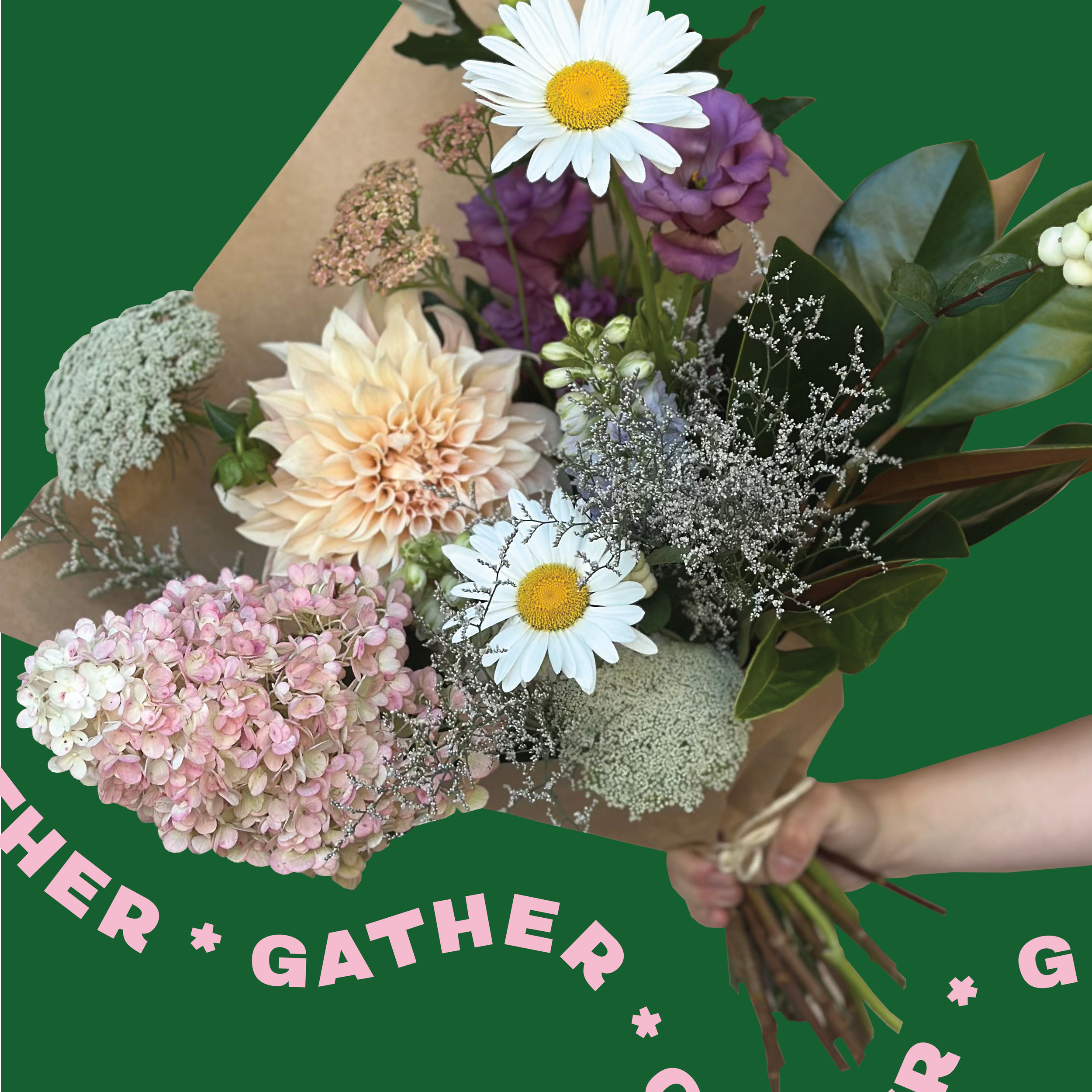 Gather Bunch floral arrangement featuring a natural mix of seasonal flowers and foliage by Fleur Social.