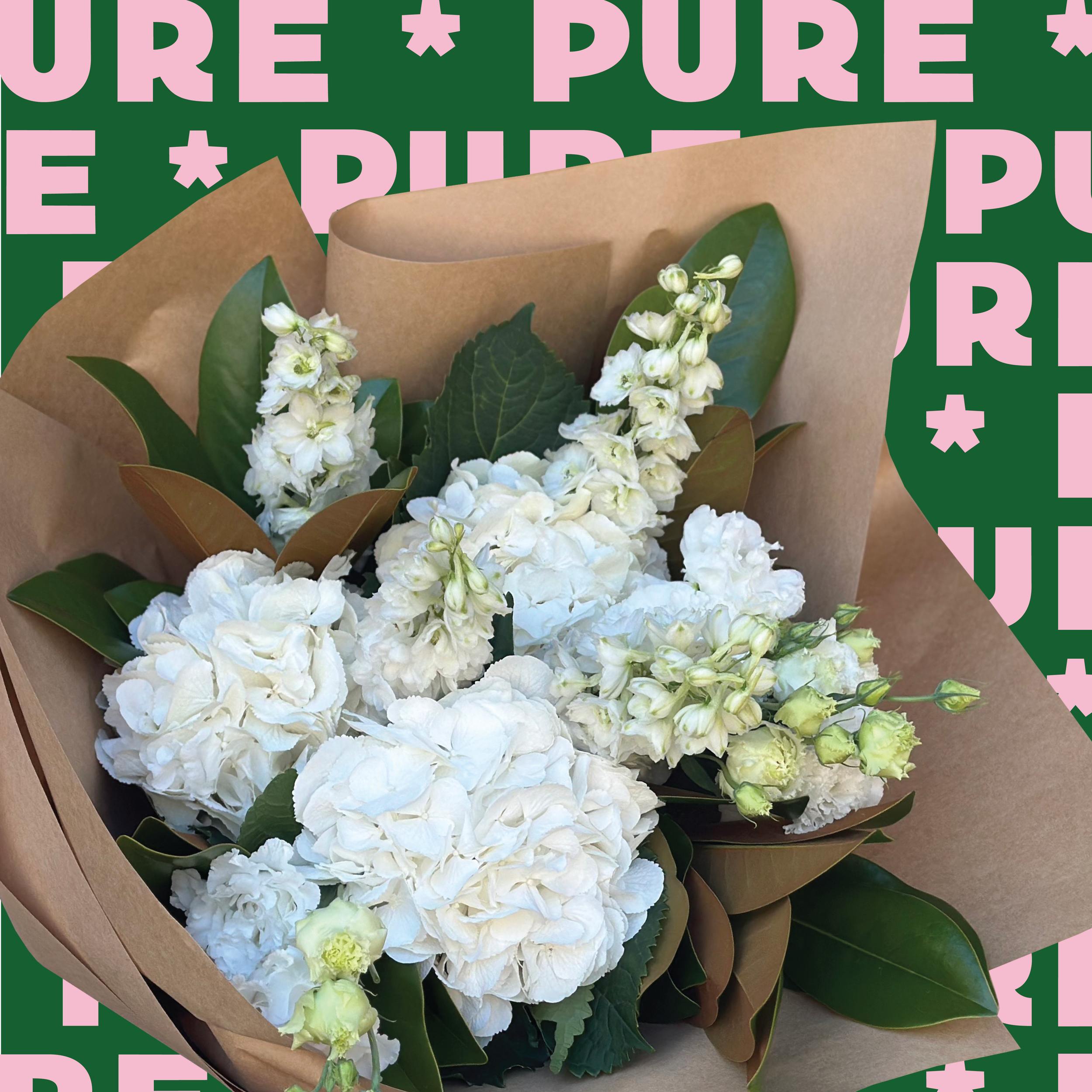 Elegant white seasonal flower bouquet with lush greenery, handcrafted by Fleur Social in Nuriootpa.