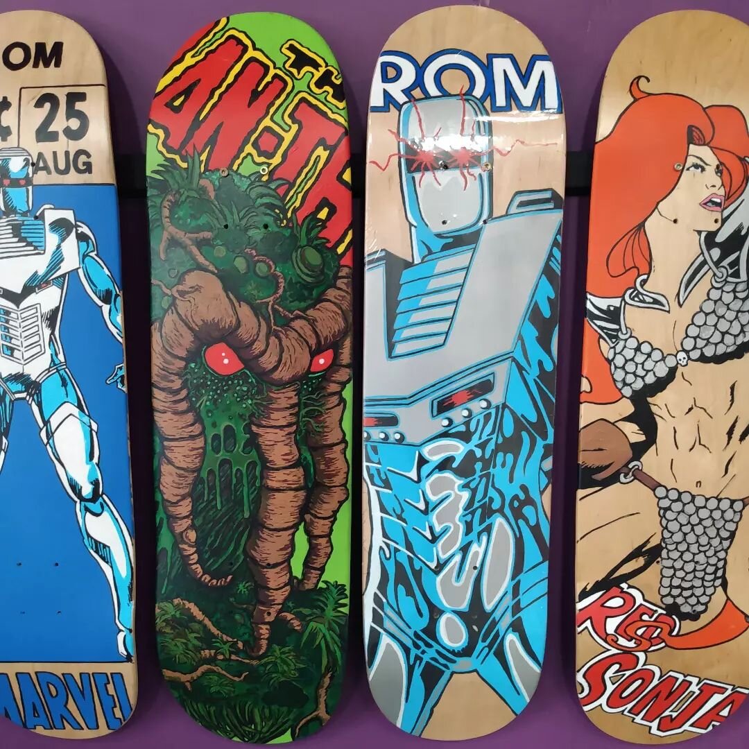 We've got some hand-painted skateboard decks in the gallery for your visual and/or skating enjoyment! All are for sale. We also have some Frazetta decks (not pictured) and others, so stop by to check them out!

Studio 71, a custom frame shop and pop 