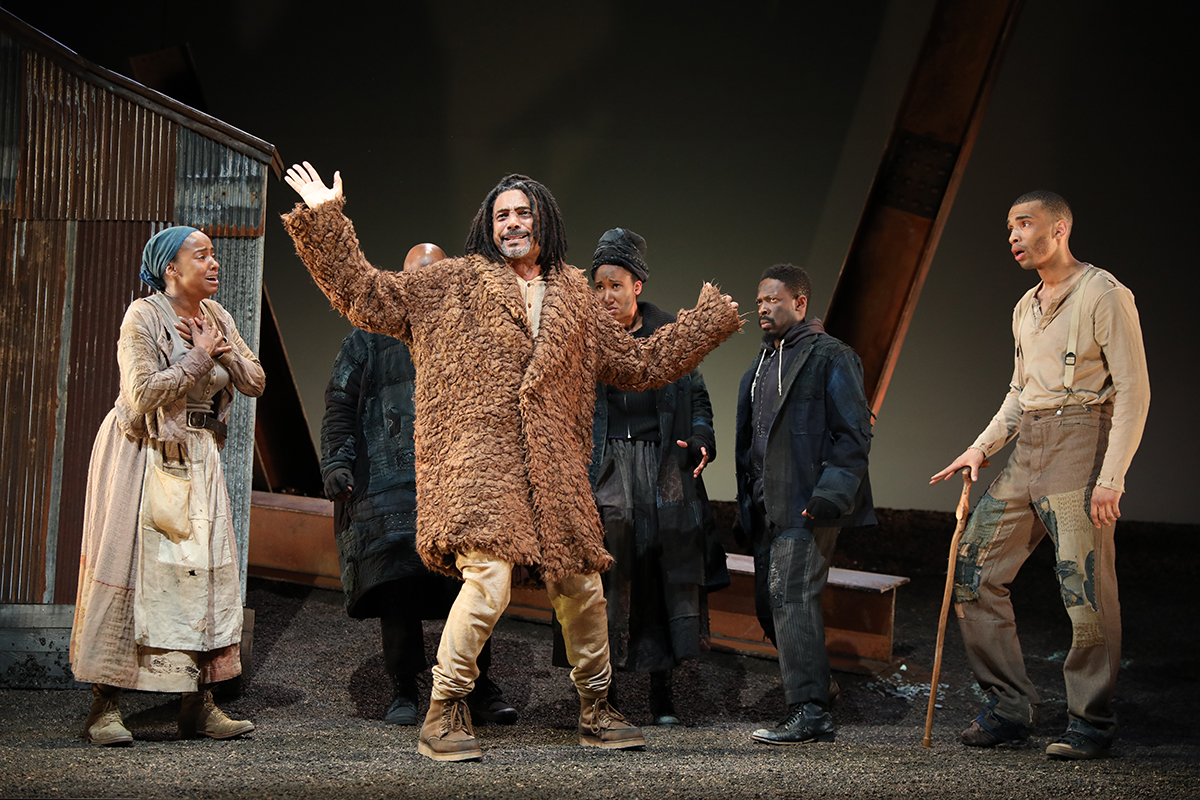 Eboni Flowers (l) as Penny, Gregory Wallace (center) as Odd-See the dog, and Julian Elijah Martinez (r) as Homer in 'Father Comes Home From the Wars.'