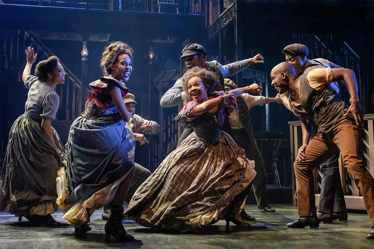 Hailee Kaleem Wright (Ensemble), Karen Burthwright (Ensemble), and Sidney Dupont (William Henry Lane) in Paradise Square. Photo: Alessandra Mello