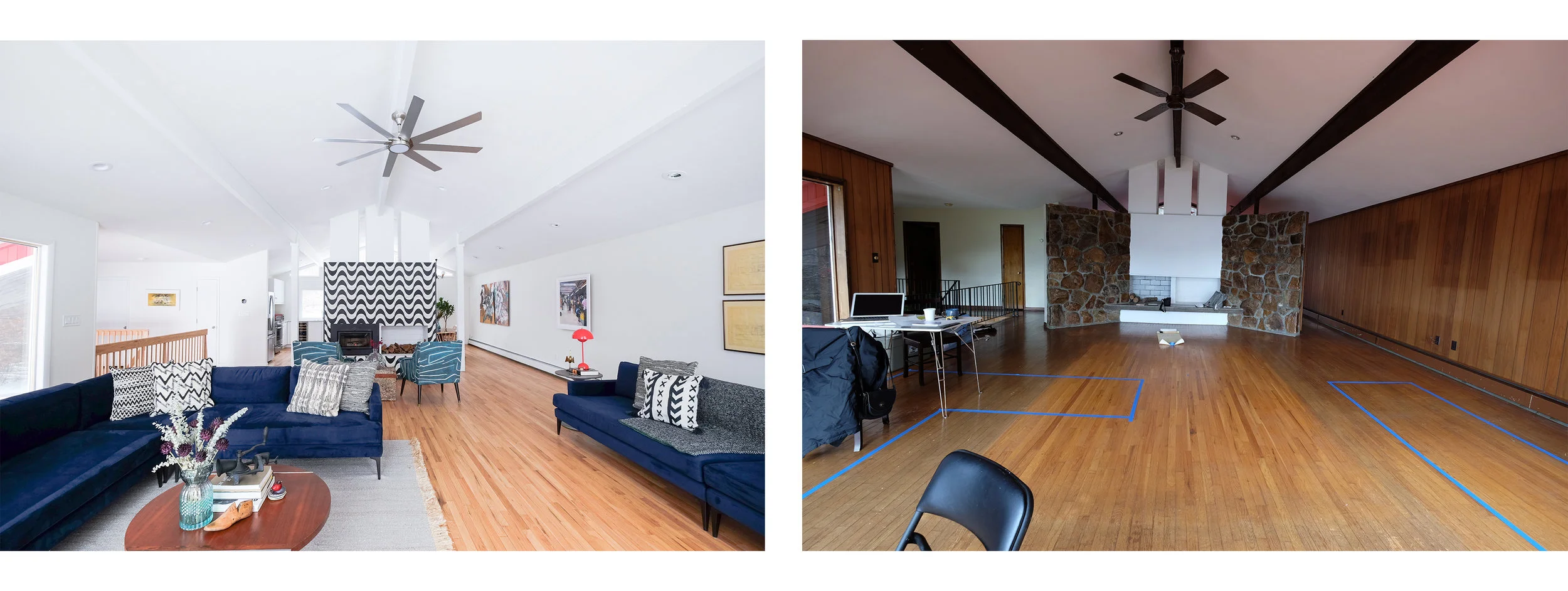 Despite good bones, the living room of this Hyde Park home was a sea of paneling. The panels were ripped off the walls, while the fantastically long ceiling beams were kept in place. Heavy stone walls flaking the fireplace were removed in favor of a “floating” fireplace separating the living room from the kitchen. 