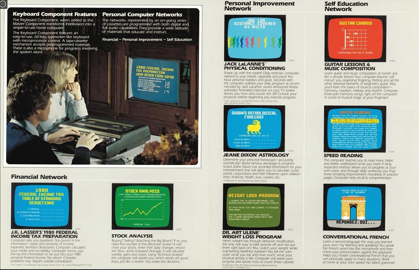 This about sums up the late 70s and 80s. Mattel Intellivision catalog name dropping Jack LaLanne, Jean Dixon, Art Ulene and speed reading (Evelyn Wood) all on the same spread. #mattel #intellivision  #retrogames #retrocomputing