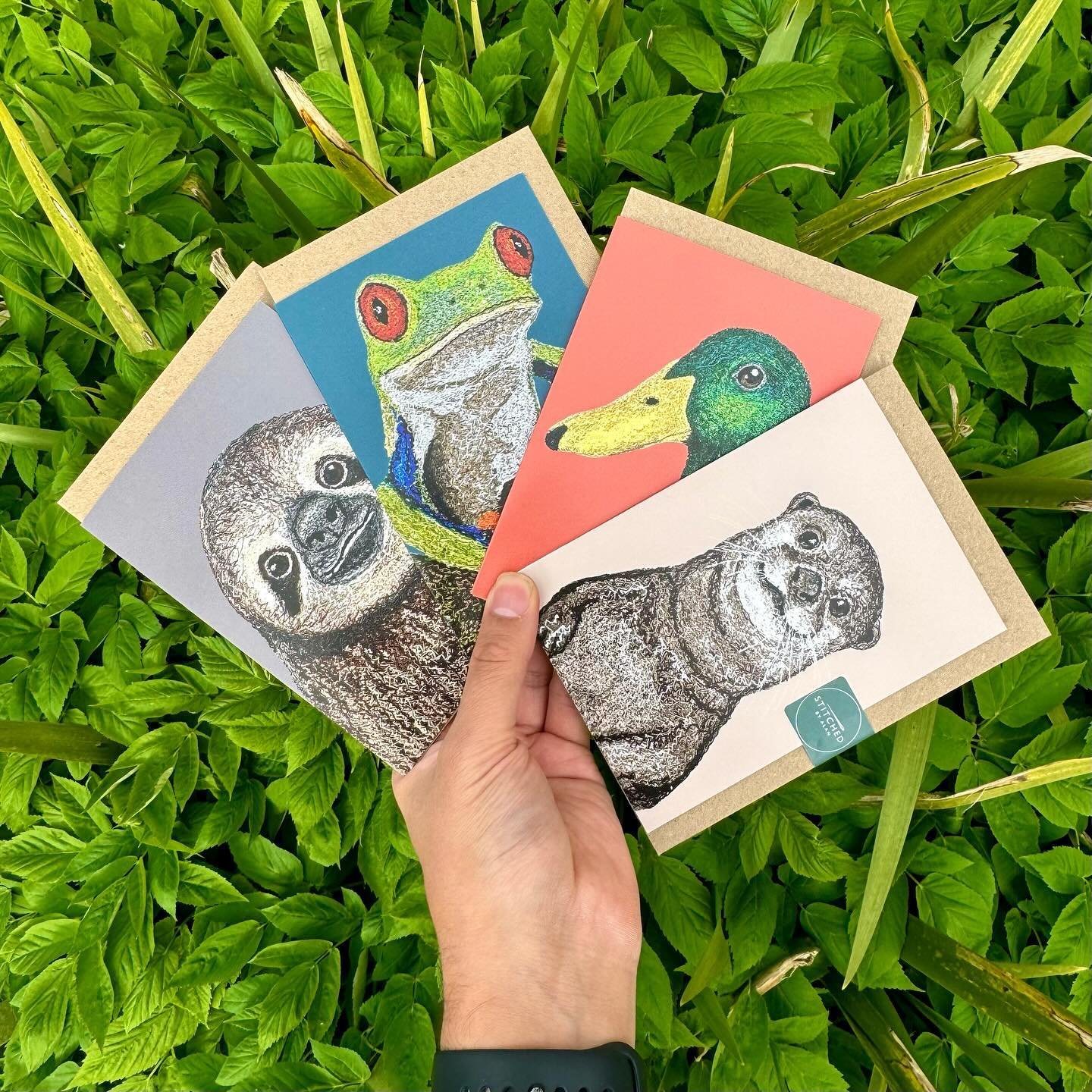 Introducing 4 new embroidered animal greeting cards! 🦥🐸🦆🦦

Who is your favourite!? 

Now available on my website and I&rsquo;ll be bringing these with me to Ay-Up Market this weekend! @itsinnottingham 💕

You can now also buy multiple cards for a