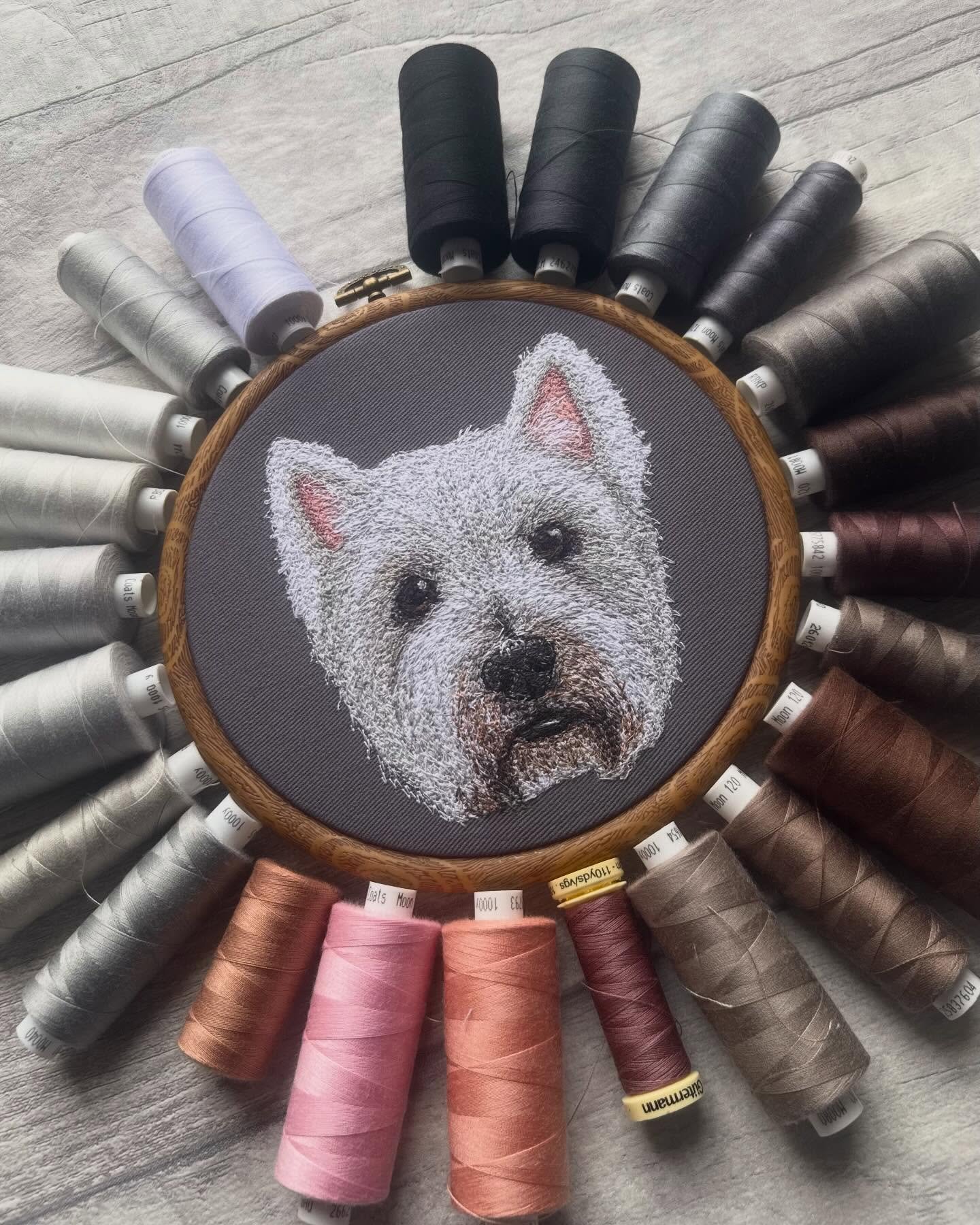 I do love a contrasting background colour to the pet! 🩶

This Westie looks great on the dark grey fabric! Lots of cool orders coming up, can&rsquo;t wait to show you!