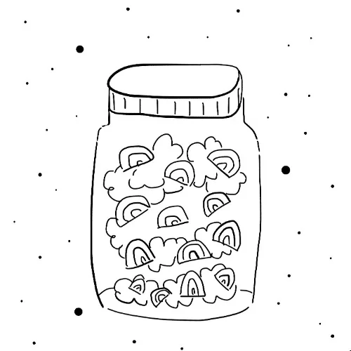 hand-drawn illustration rainbows and clouds black and white whimsical line drawing mason jar
