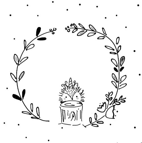 hand-drawn illustration hedgehog unicorn black and white whimsical floral wreath