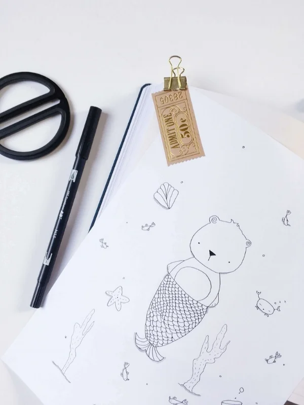Bear in a mermaid costume, black and white illustration, whimsical line drawing