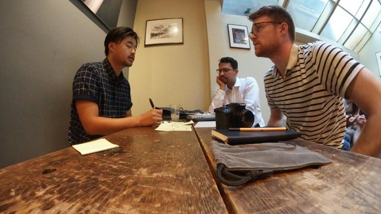 Facet co-founders Nick Ramsay and Ivan Gabriel Ramierz plan a 360 video shoot with collaborator Tai Koga.