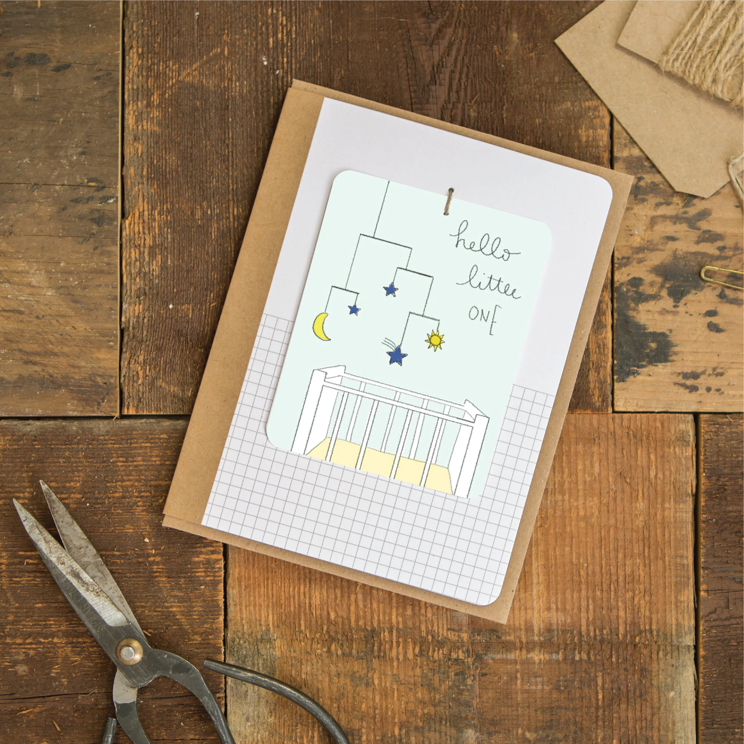 crib handmade greeting card with sharable tag