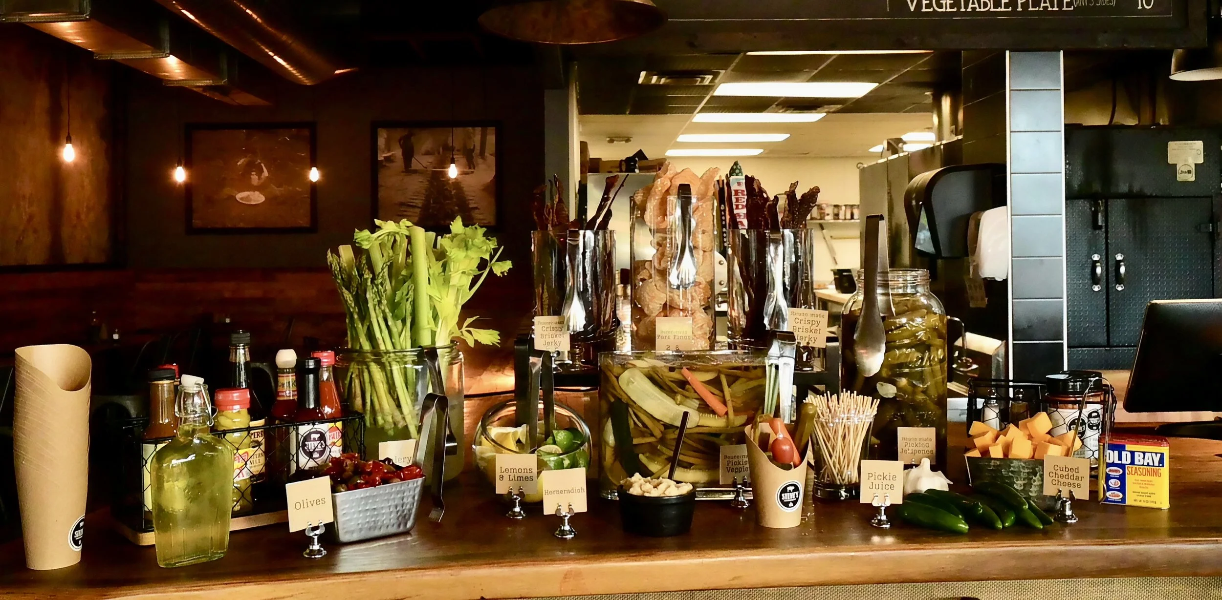 BLOODY MARY BAR, BUILD YOUR OWN WITH BRISKET JERKY CELERY PICKES AND SEASONING