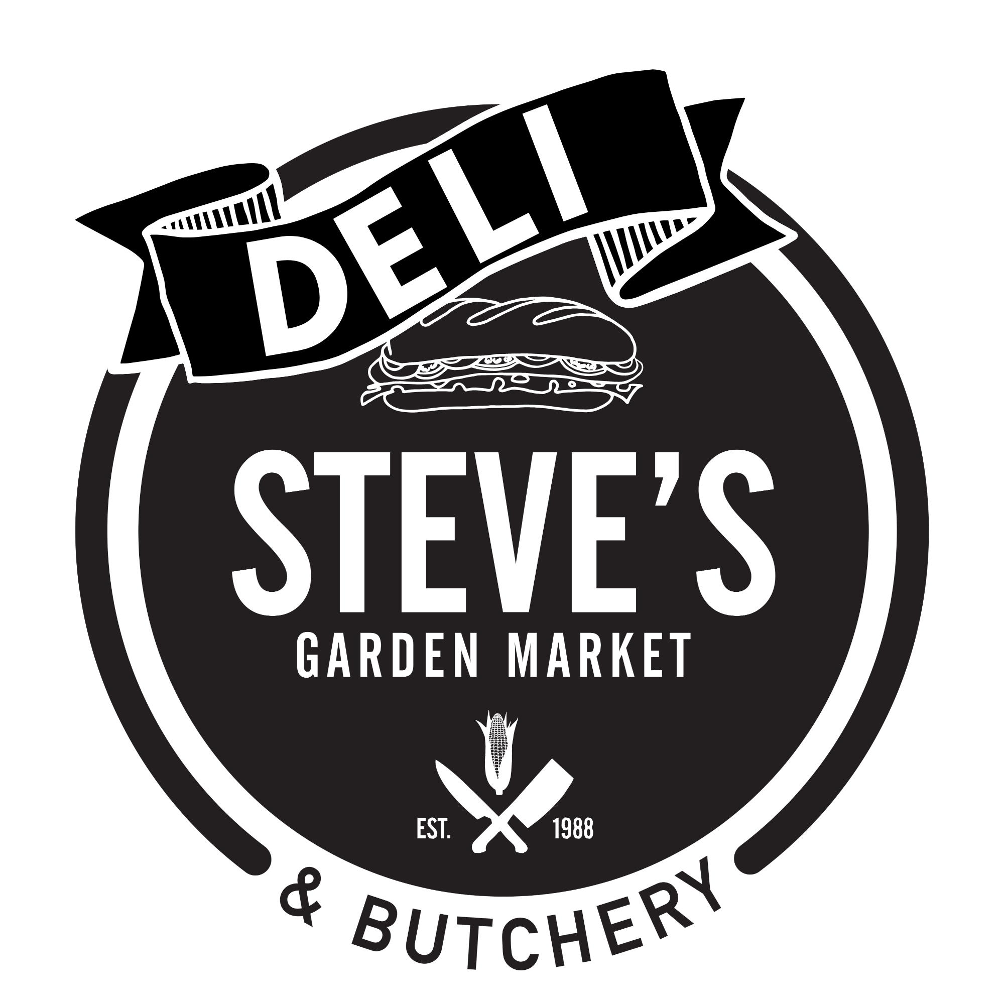 Logo for Steve's Garden Market featuring a sandwich, a corn cob, and text indicating a deli, garden market, and butchery established in 1988.