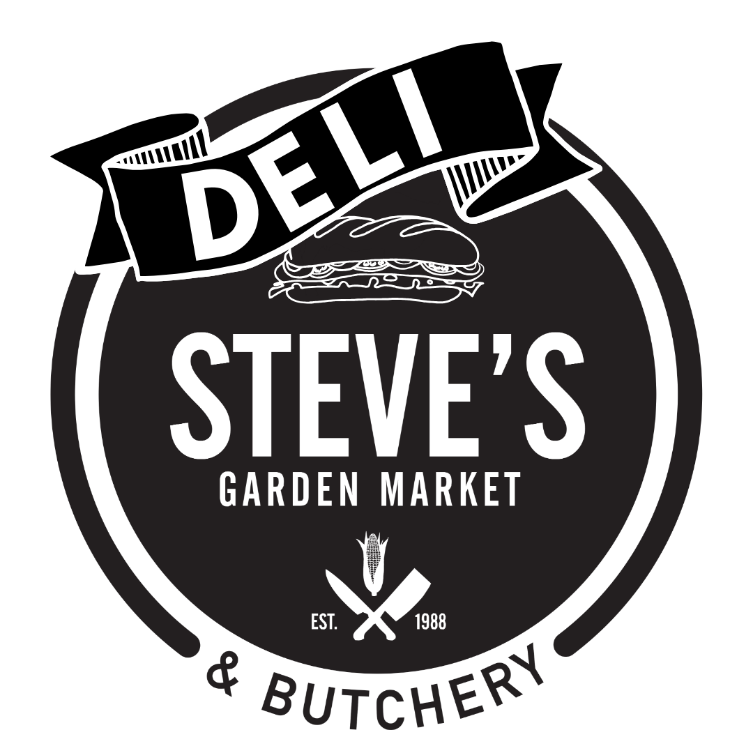 Black and white logo for Deli Steve's Garden Market with a sandwich graphic, established 1988, featuring a corn cob and butcher knife icon.