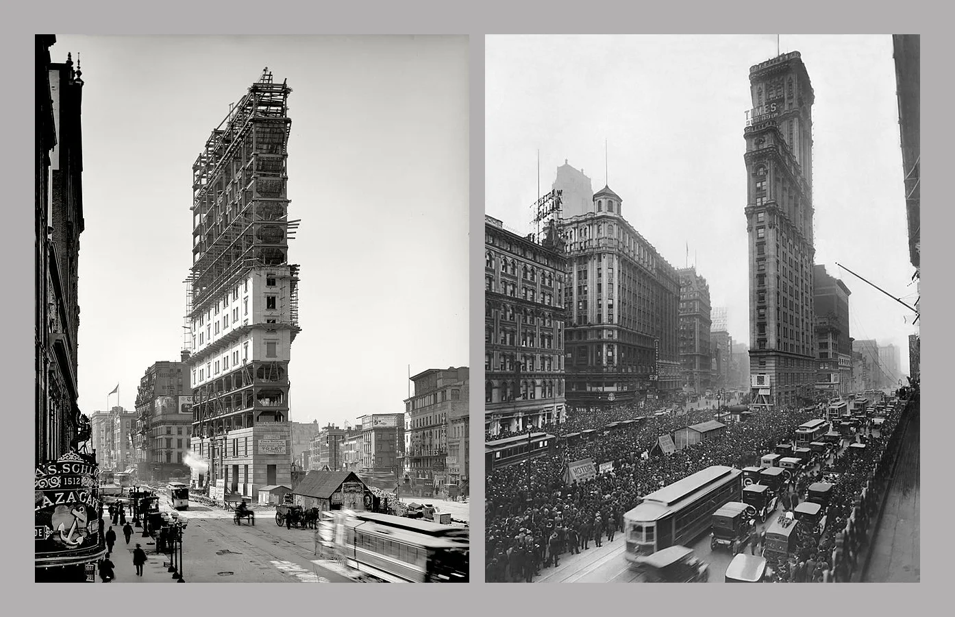 The Times Building, One Times Square (1475 Broadway) during and after construction.