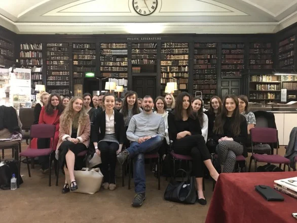 Year 12 and 13 English Literature students with T S Eliot-prize-winning poet Jacob Polley at The Portico Library.
