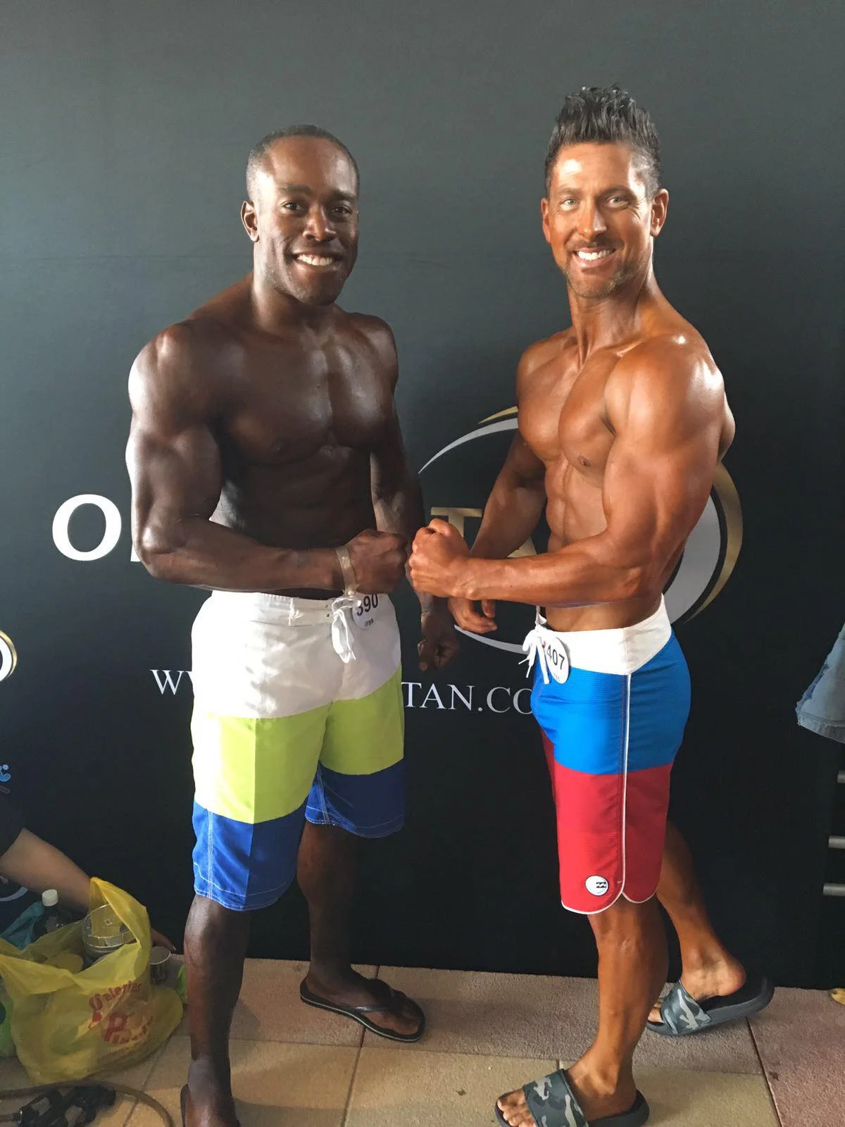 Ricky Beckford (right) won silver in masters men's physique. Fellow UK athlete Dave Walters (left) was sixth in his age group.