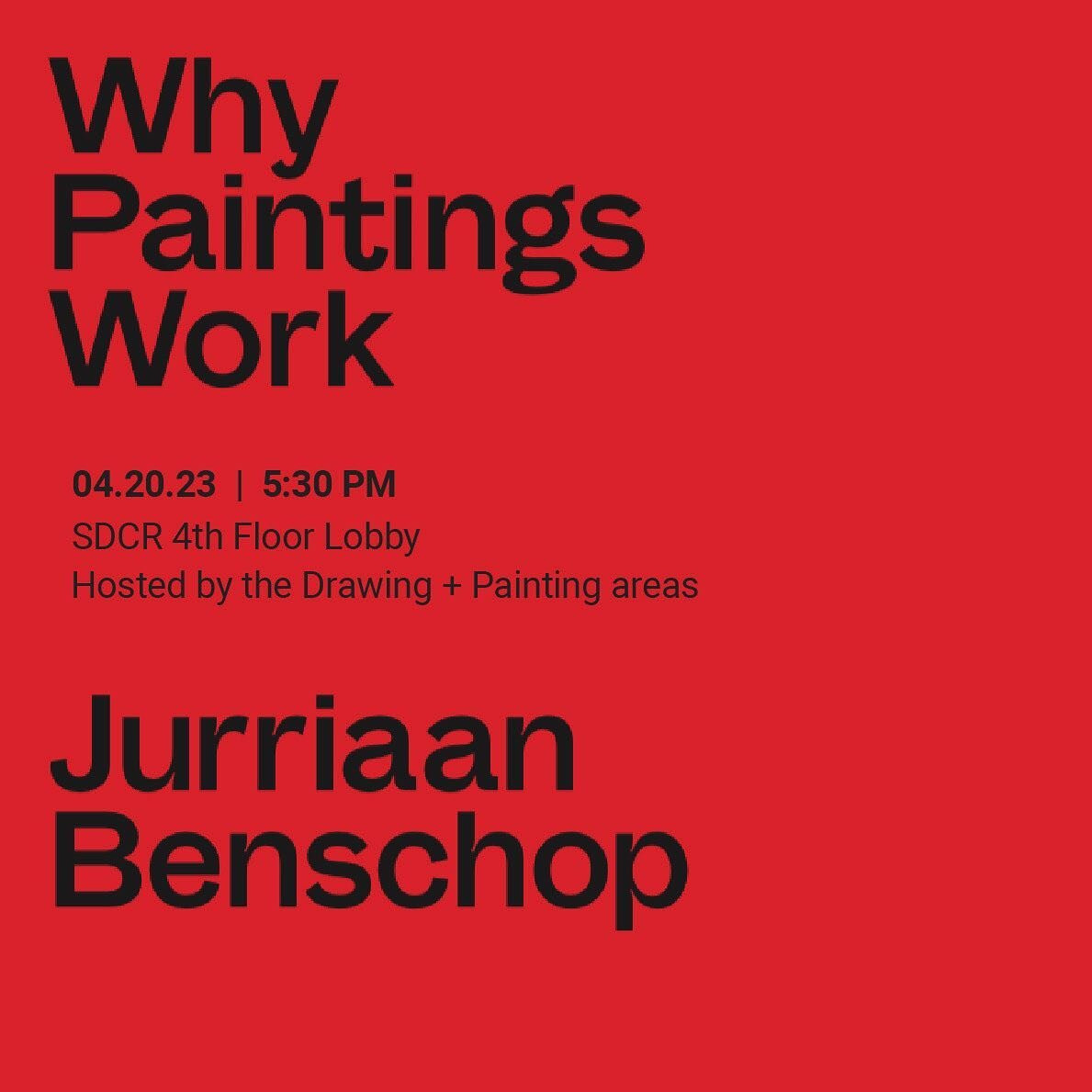 Join us Thursday on the 4th floor in SDCR for a lecture of the stylistically diverse landscape of contemporary painting with @jurriaan.benschop 🎨🖌️ Open to all!
.
Benschop is a Dutch writer and curator based in Athens, Greece, and Berlin, Germany. 