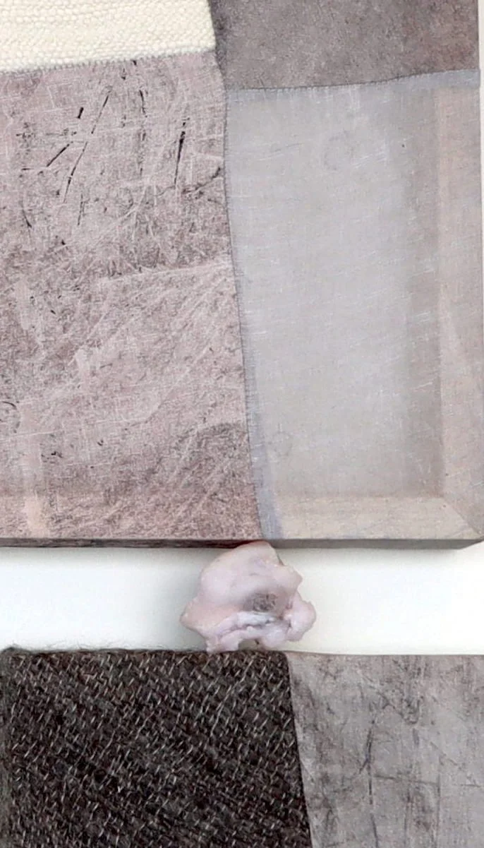  Detail of  A sage plant that has two root systems, one reaching deep into the earth and one spreading along the surface,  2022   Wool, linen, pigment, chalcedony, quartz, steel.  On custom support with flame darkened wood.   Approximately: 38" x 82"