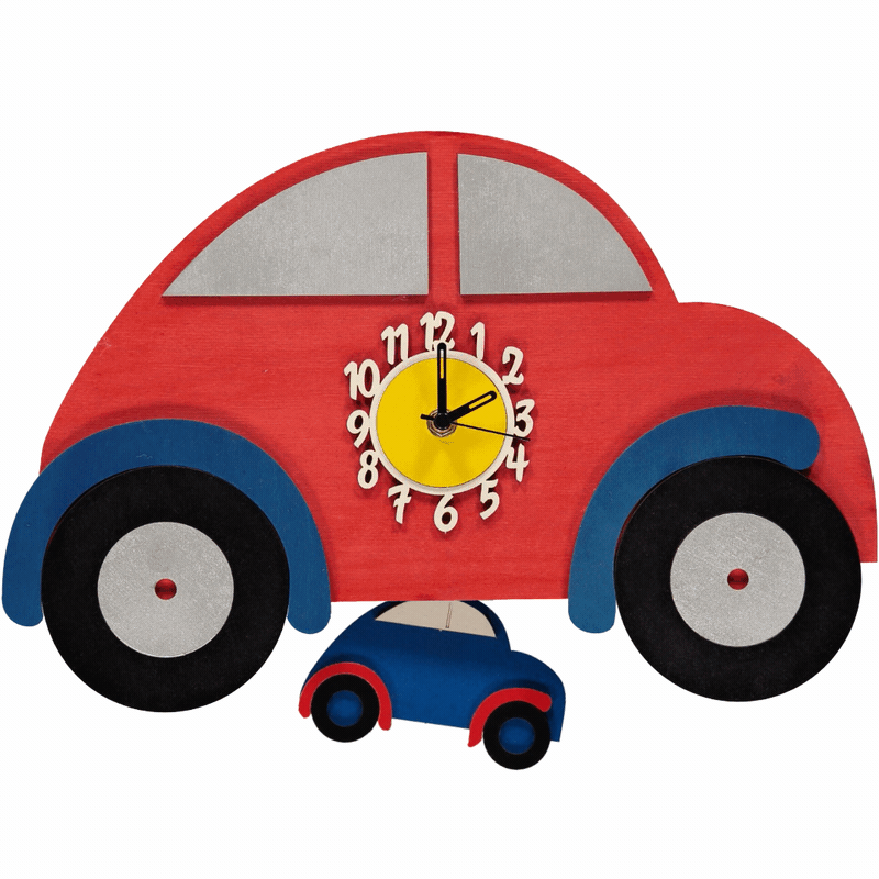 Little Timbers handmade wooden children's boy hanging red car wall clock with swinging personalisation