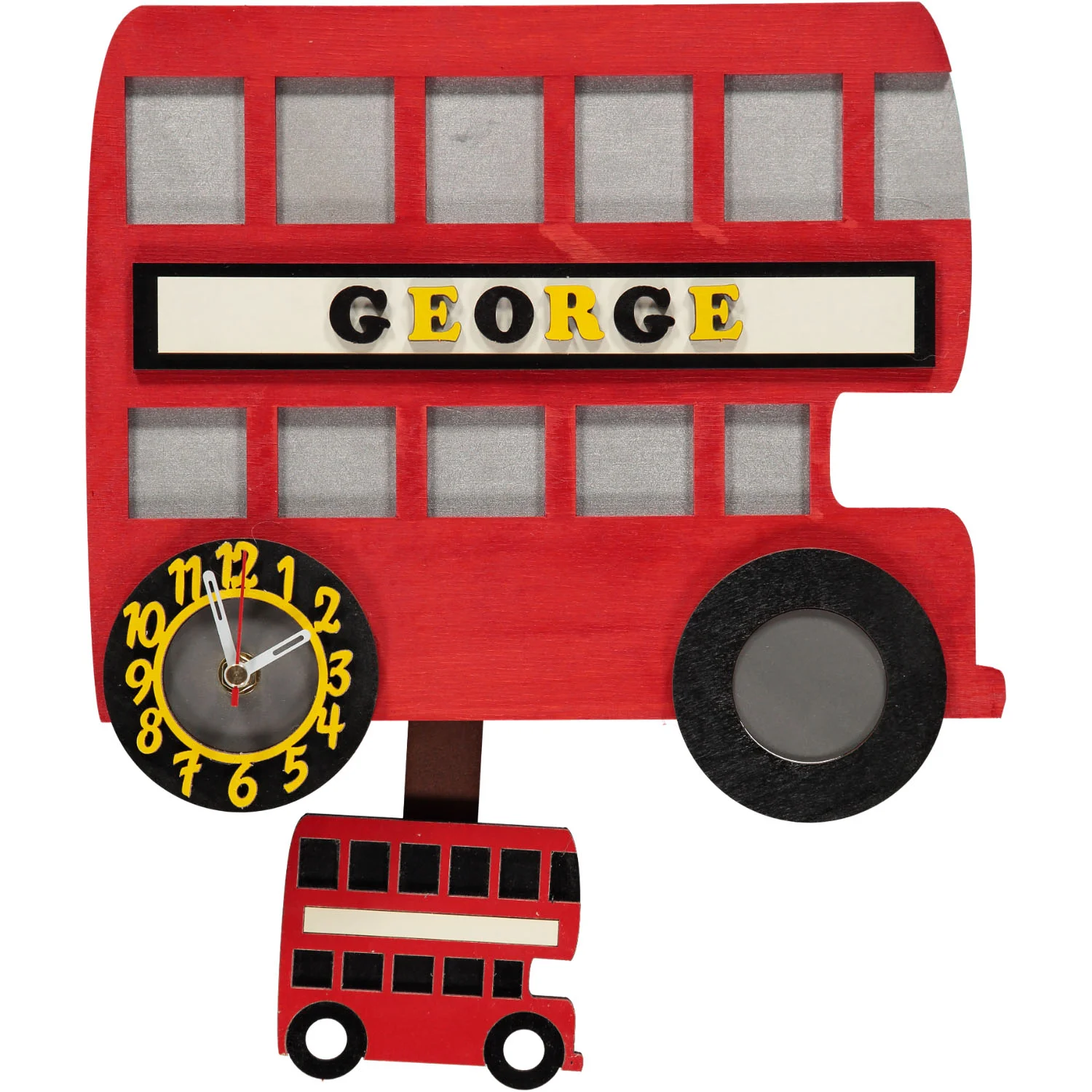 Little Timbers handmade children's hanging London double decker bus wall clock with swinging pendulum and free personalisation