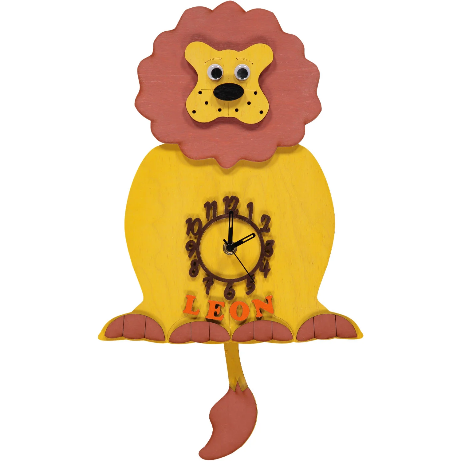 Little Timbers handmade wooden jungle themed children's hanging lion wall clock with swinging tail and free personalisation