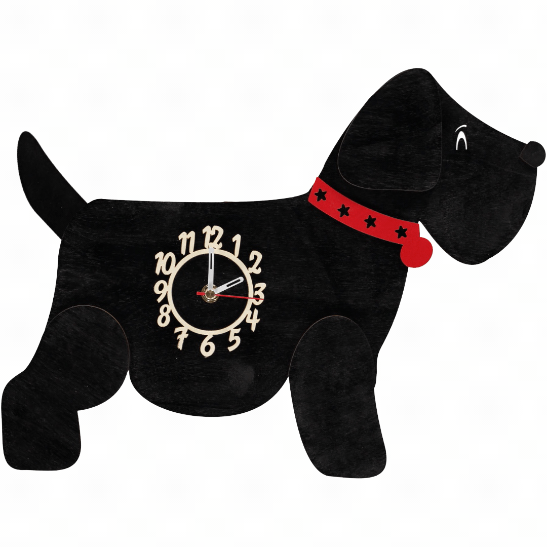 Little Timbers handmade wooden children's hanging black dog wall clock with swinging tail
