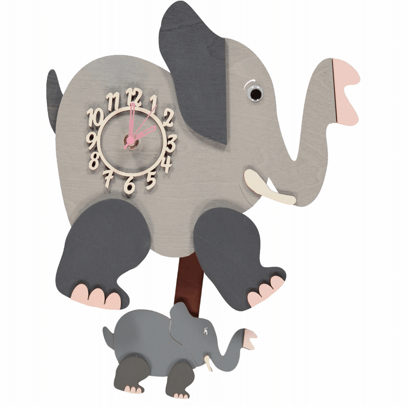 Little Timbers handmade wooden children's hanging wall elephant clock with swinging pendulum