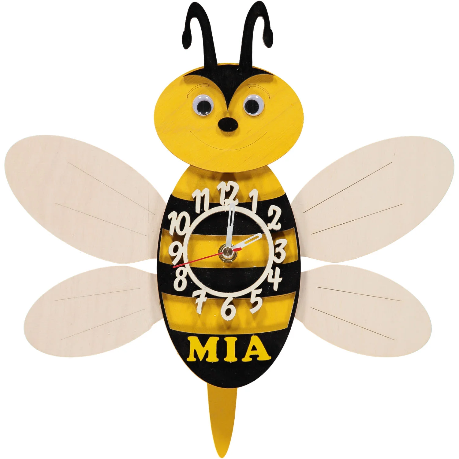 Little Timbers handmade wooden children's hanging wall bee clock with swinging pendulum and free personalisation