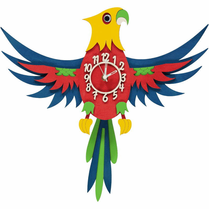 Little Timbers handmade children's wooden hanging wall parrot clock with swinging pendulum